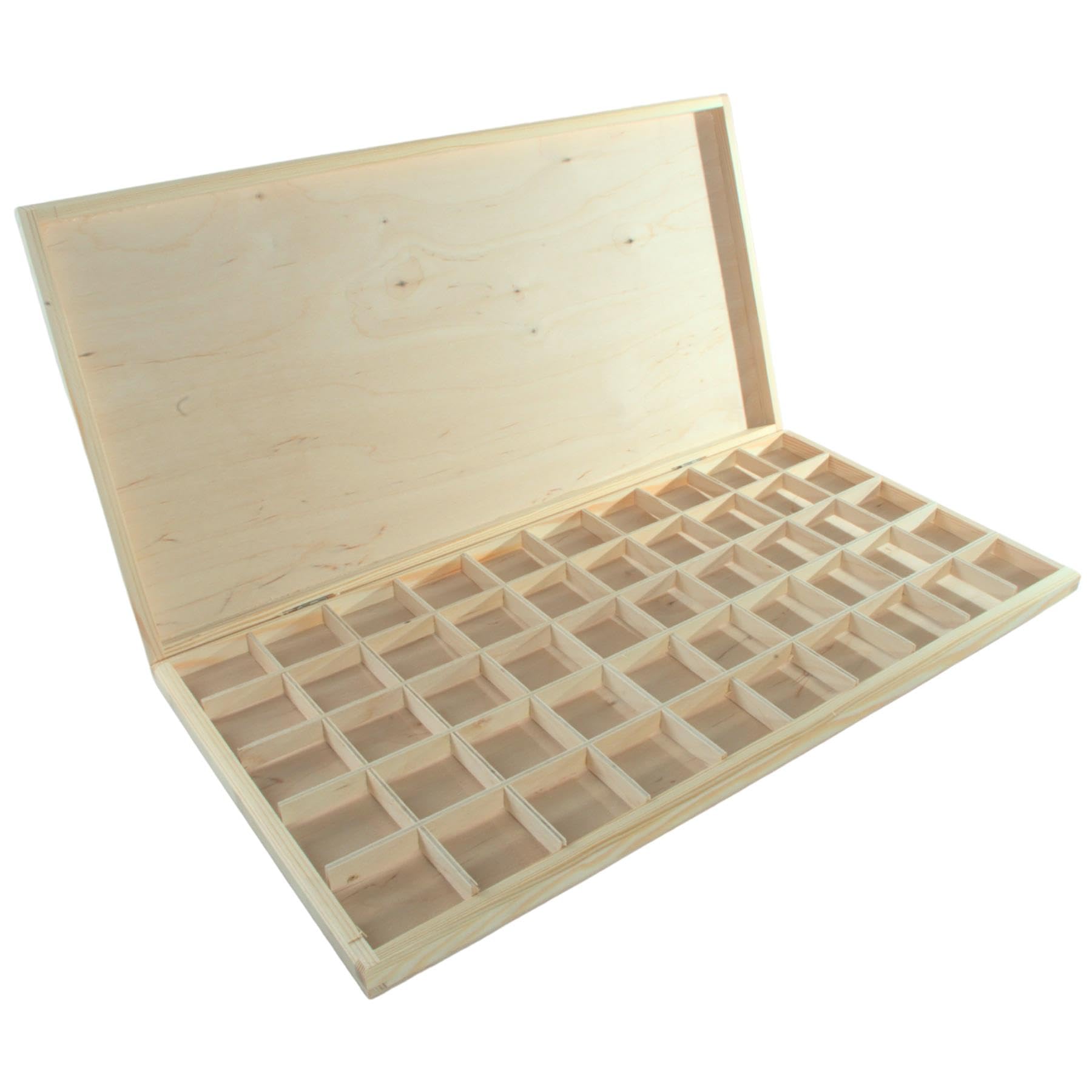 WooDeeDoo Large Shallow Wooden Jewellery Storage Box with Clasp - 50 Compartments - Gemstone Display Tray Unfinished Pine Case Arts Collectables Crystals Mini Items - 47 x 24.5 x 3 cm