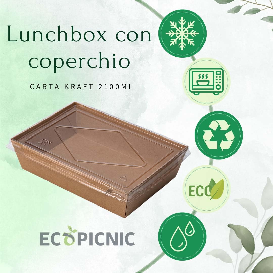 Lanchbox in Carta Kraft con Coperchio Trasparente 2100 ml - Confezione da 200 Pezzi | Scatole per Alimenti da Asporto, Contenitori Monouso per Cibo, Scatole Ecologiche