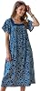 Womens Short Sleeve Blue Print Gauze Lounger House Dress - Crochet Square Neck and Pockets