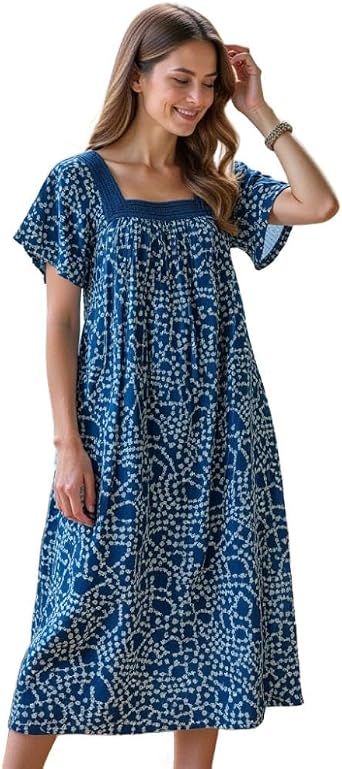 Women's Short Sleeve Blue Print Gauze Lounger House Dress - Crochet Square Neck and Pockets