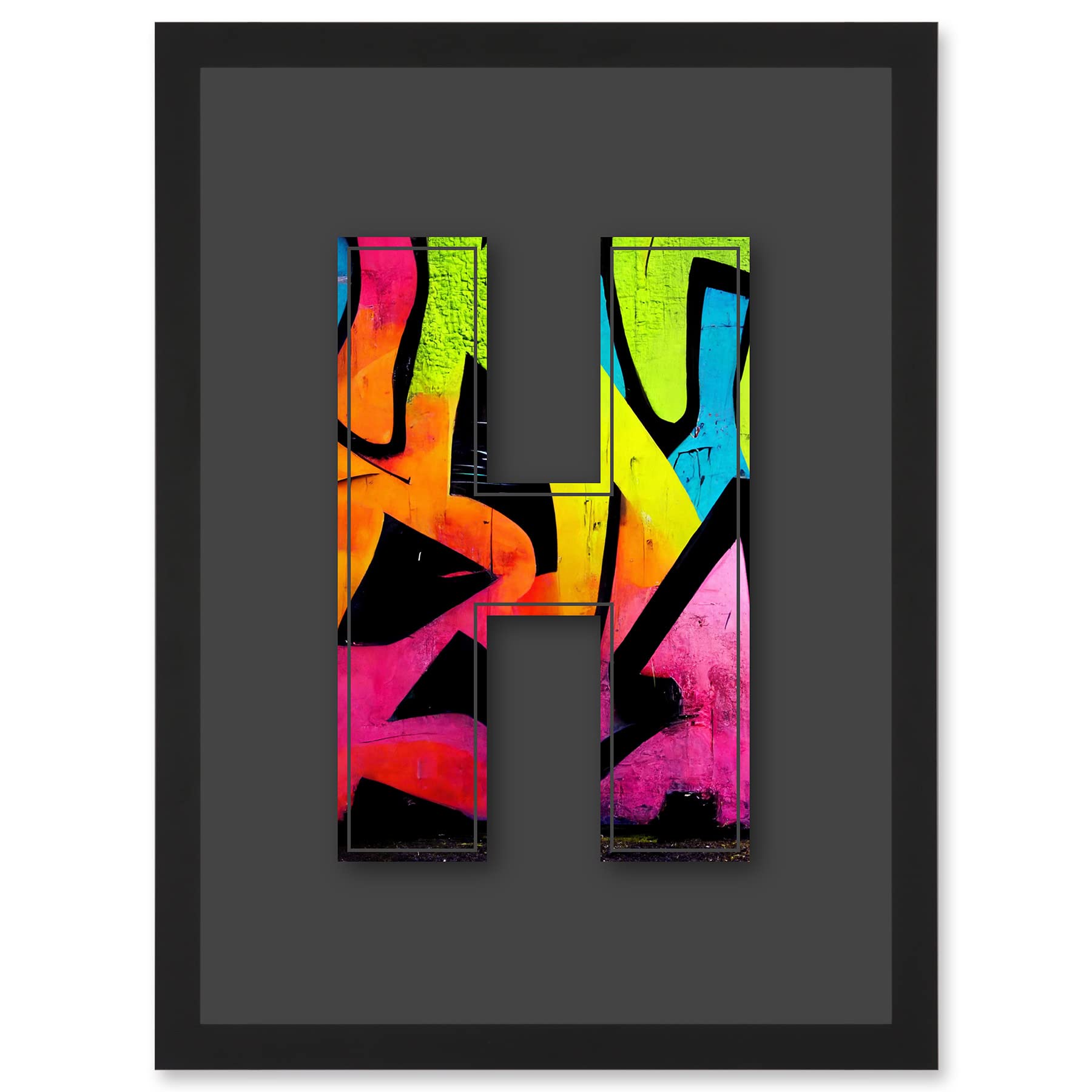 Wee Blue Coo Letter H Neon Tagging Decorative Graffiti Mural Alphabet Initial Stencil Artwork Framed Wall Art Print A4