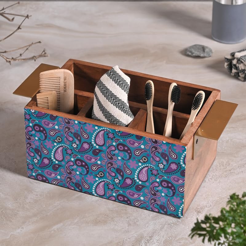 Image of Wooden Cutlery Holder for Kitchen - Handcrafted Floral Design with Sturdy Handles | Utensil & Tissue Organizer for Dining Table & Office - Purple (Printed)