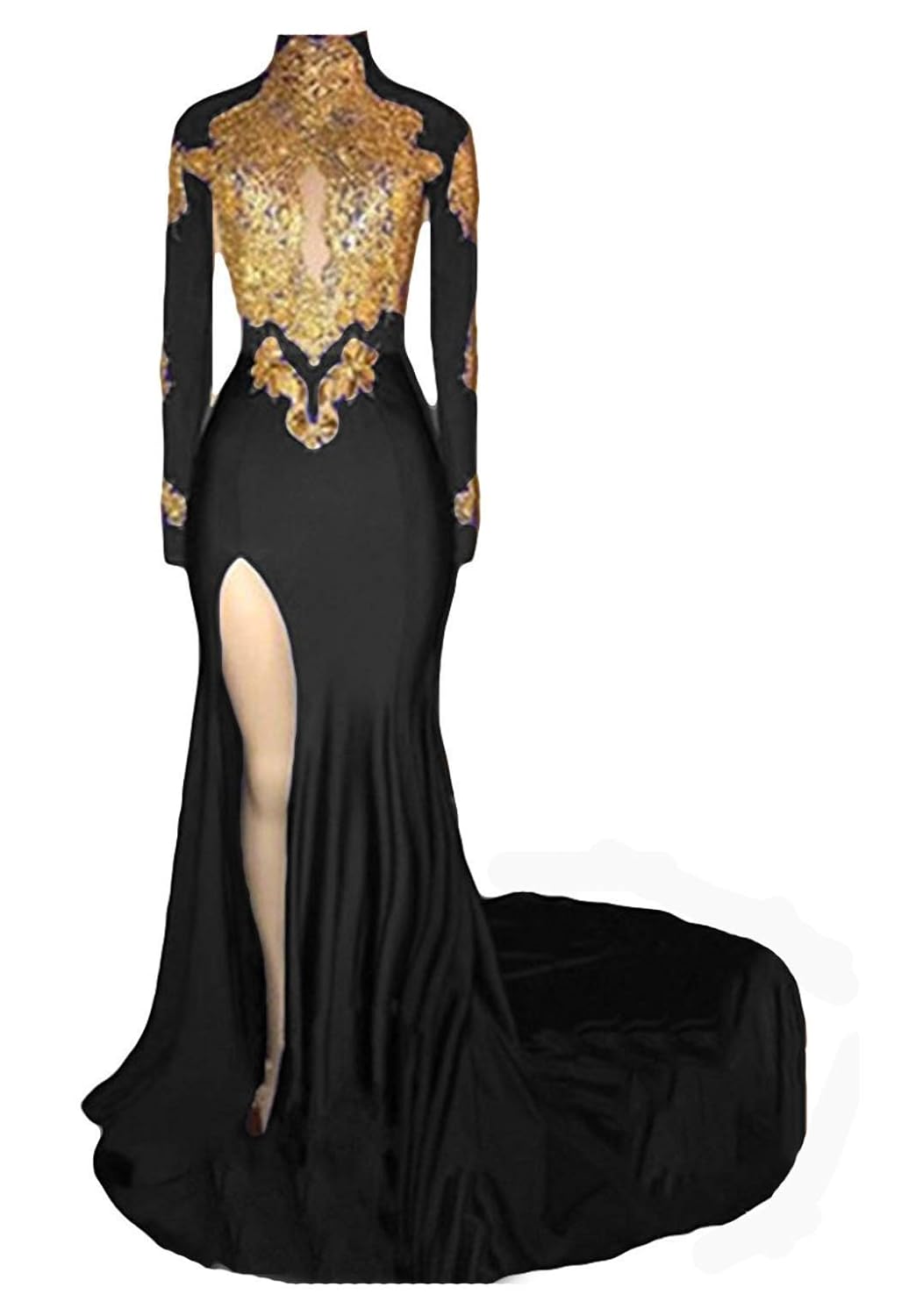 graceprom Womens 2024 Backless Mermaid Prom Dresses Gold Lace Appliques Side Slit Long Sleeves Evening Gown