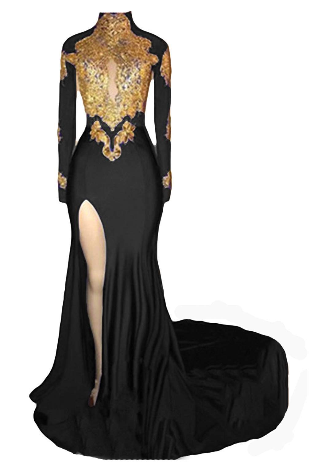 graceprom Womens 2024 Backless Mermaid Prom Dresses Gold Lace Appliques Side Slit Long Sleeves Evening Gown