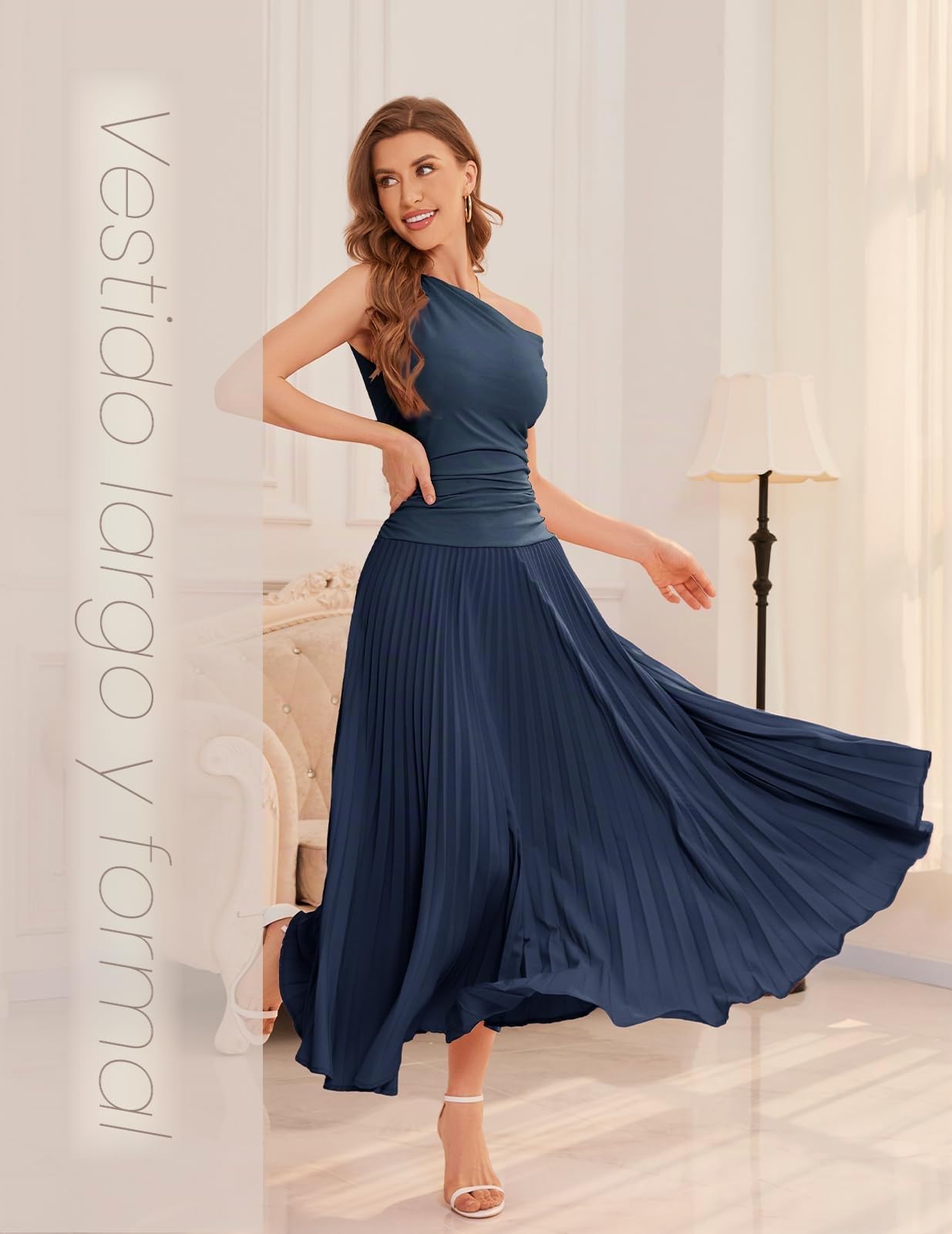 Bbonlinedress Vestido de cóctel largo plisado con un hombro descubierto, formal, para invitada de boda, verano, diario, fiesta