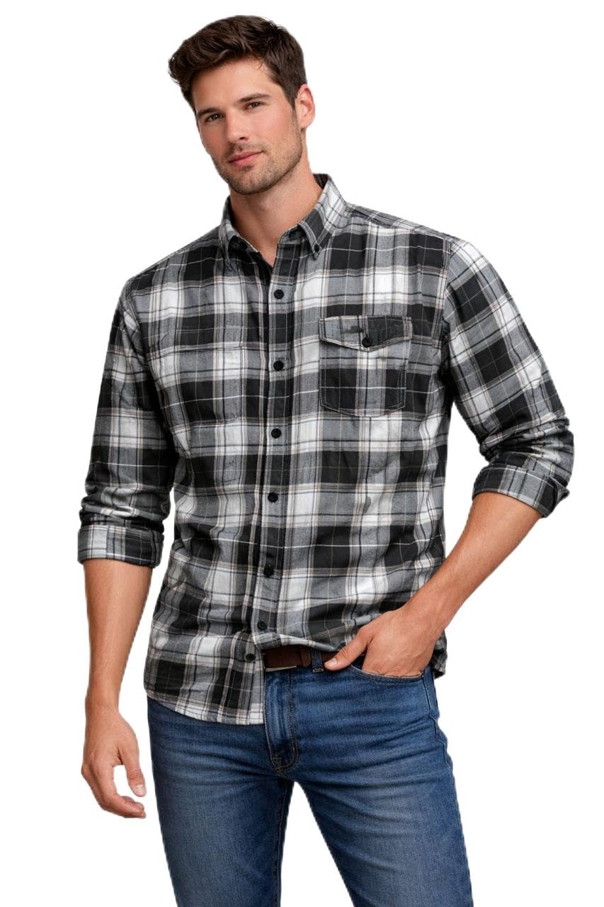 KaSwa Men's Plaid Flannel Shirt, Long Sleeve Button-Down, Black