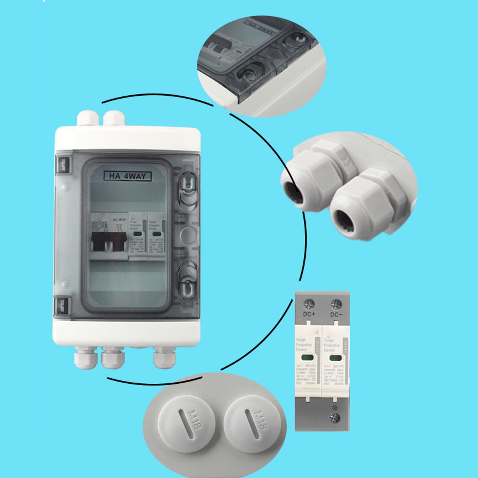 Pissente Interruttore Automatico Scatola di Distribuzione Impermeabile per PC con Sezionatore CC 500 V IP65 Coperchio Trasparente a 4 Vie per Inverter a Pannello Solare Esterno Sistemi Fotovoltaici
