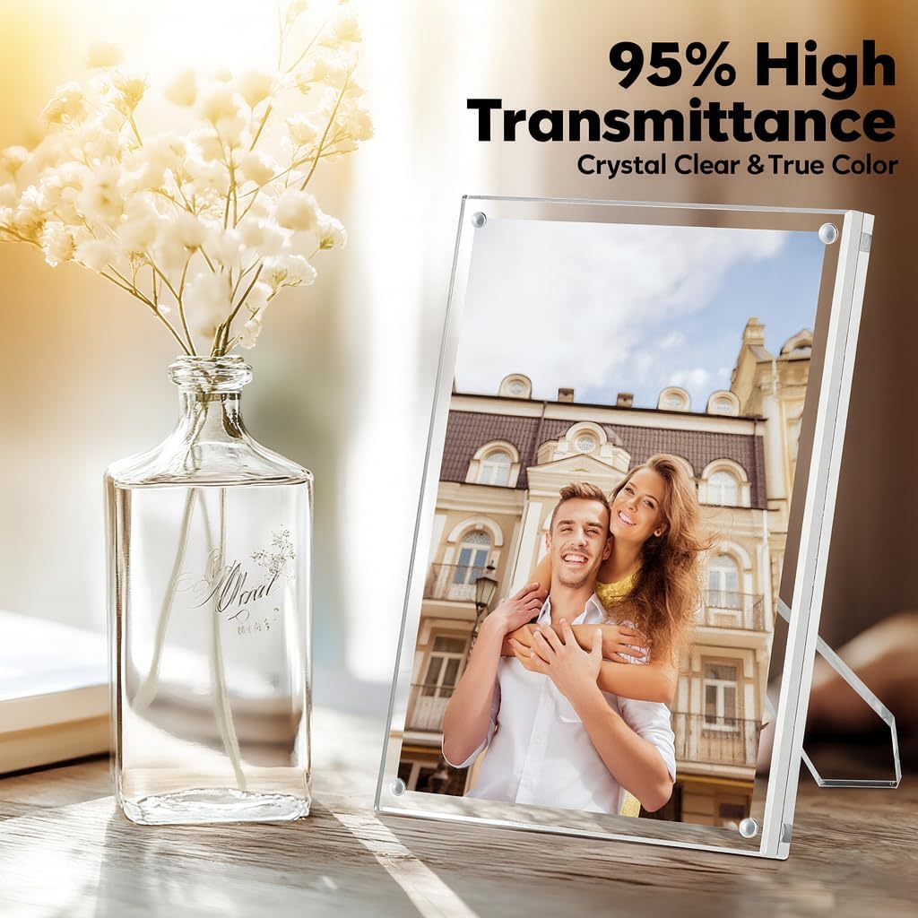 POZEAN 5x7 Acrylic Picture Frame, 4 Pack Clear Acrylic Frame with Stand, Frameless Magnetic Picture Frame, Transparent Photo Frame for Desktop Display Home Office Decor - Image 4