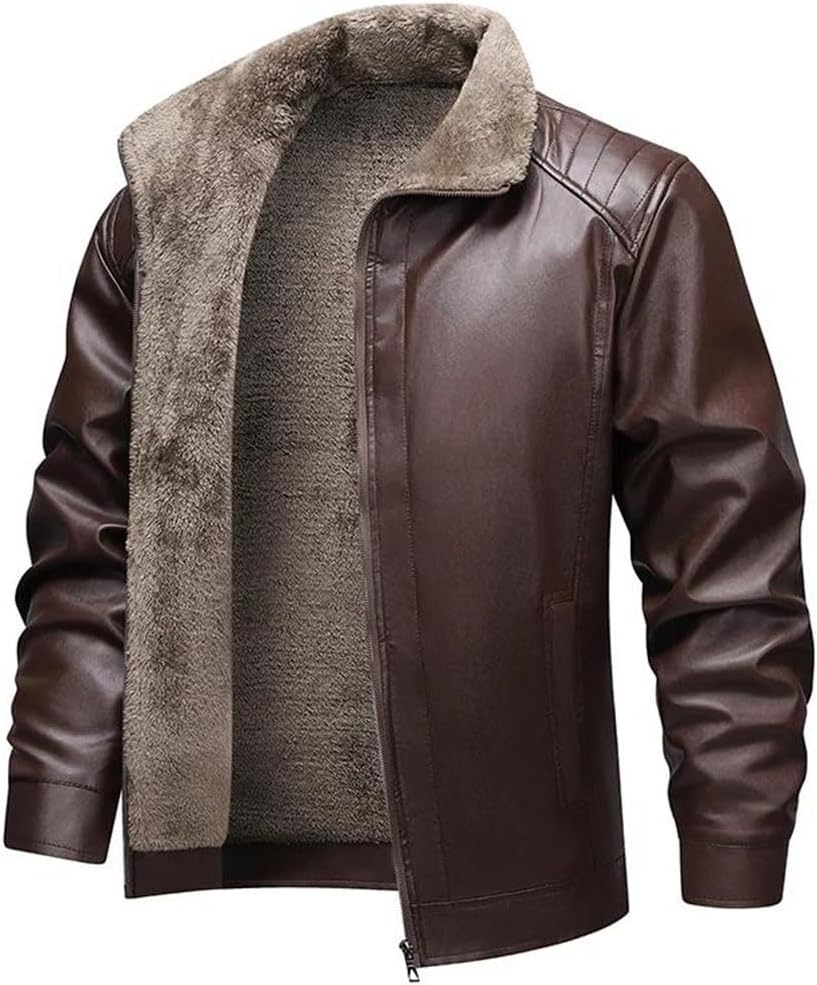 Men's Thickened Fleece-Lined Leather Jacket Autumn Winter Coat Business Casual Turn-Down Collar Outerwear