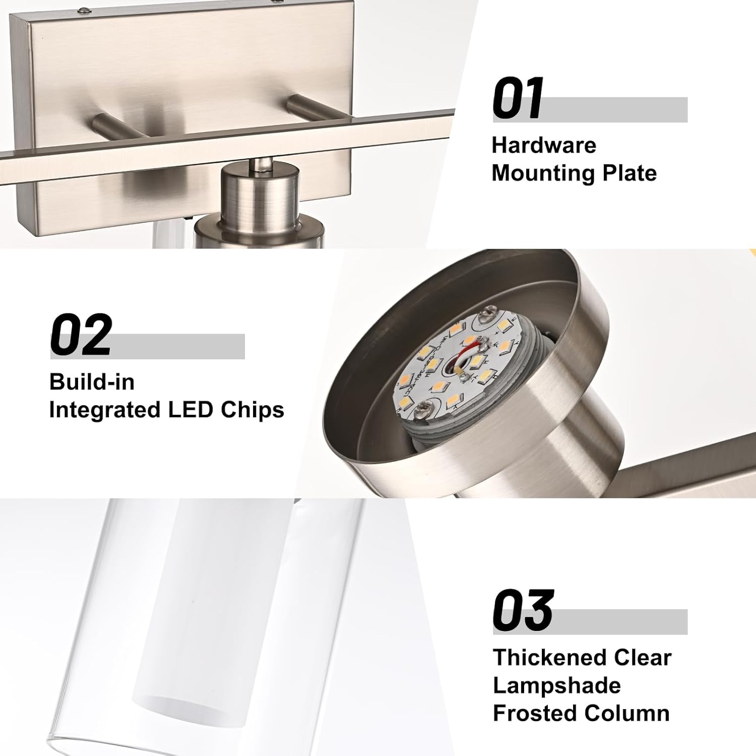 3-Light 5CCT LED Bathroom Light Fixture in Brushed Nickel Finish, Modern Vanity Lighting Over Mirror with Clear Glass & Frosted Colunm for Bedroom Living Room