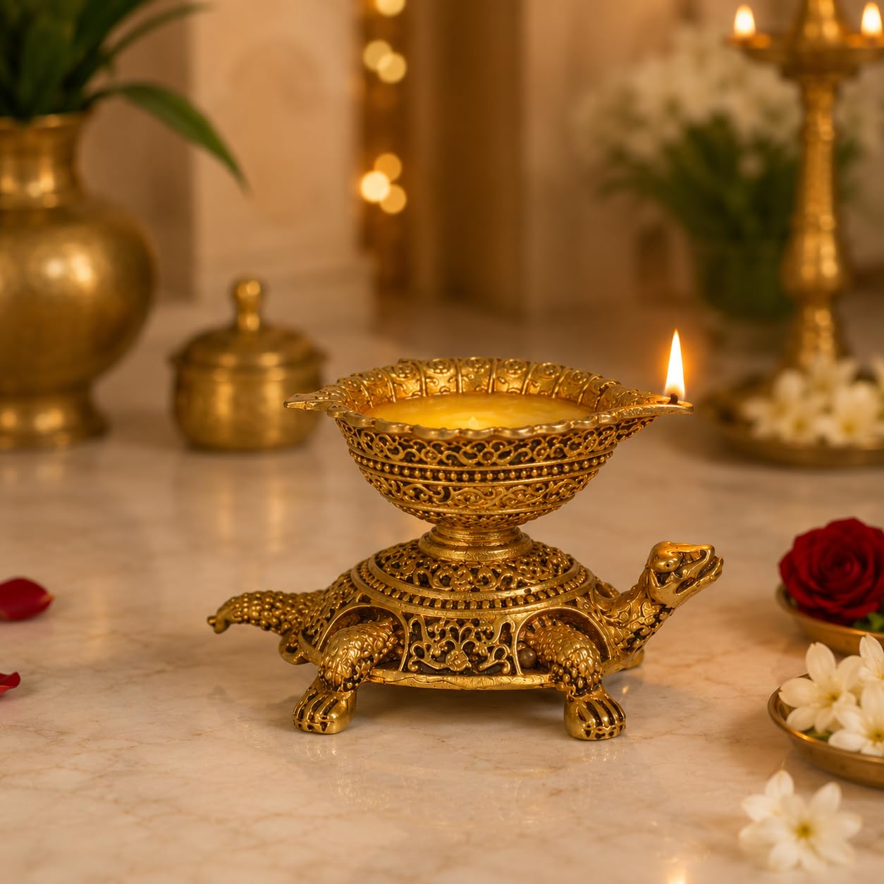 1.5 Inch Brass Tortoise Diya for Pooja, Home Temple & Vastu | Decorative Oil Lamp with Turtle Base | Traditional Deepak for Diwali, Festival, Home Decor & Gift-image-6