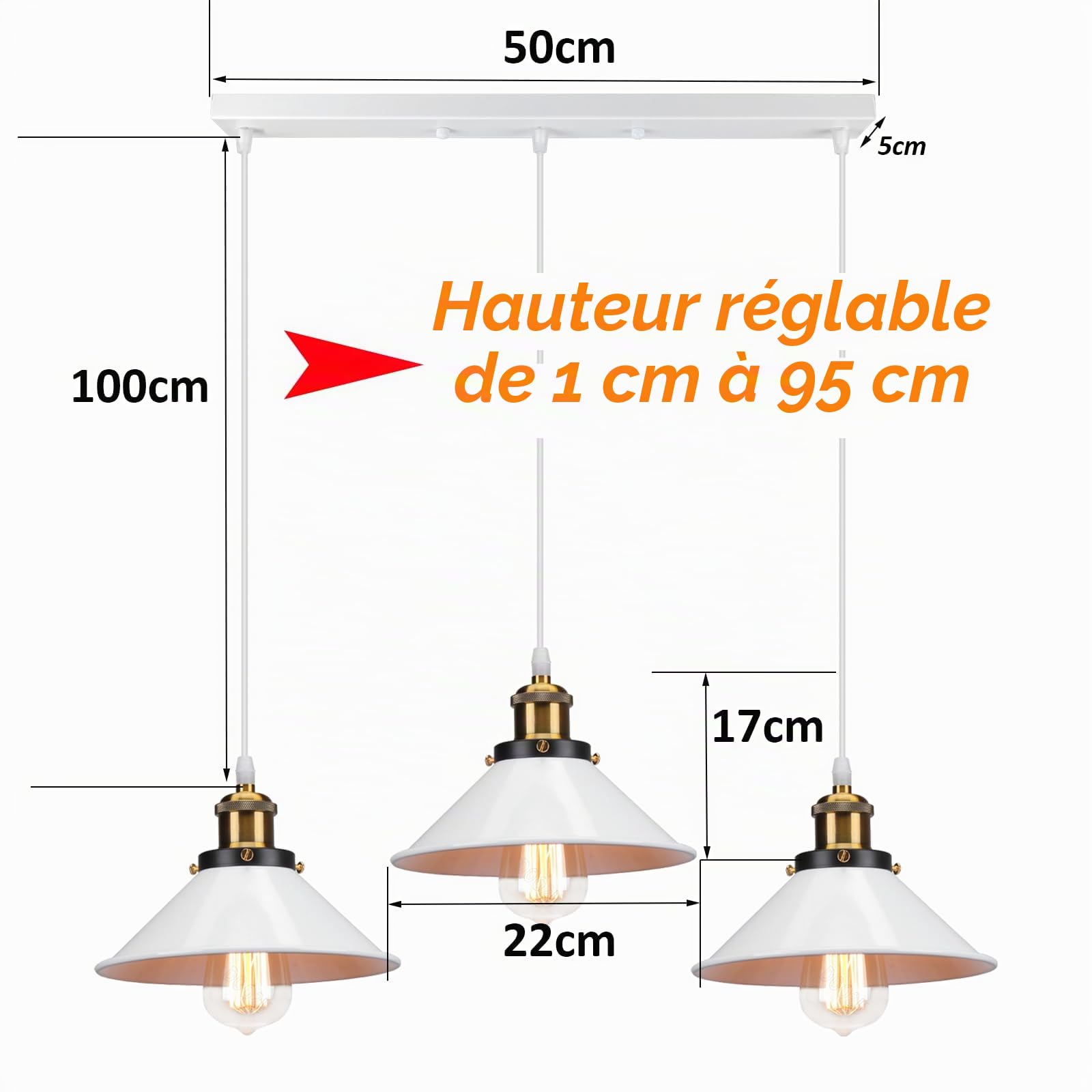 Suspension Lustre Industrielle 3 Lampes Luminaire Plafonnier Vintage Lustre Abat-Jour Ø22 cm en Métal de douille E27 Lampe Rétro pour Séjour Chambre Cuisine (Blanc,3 lampes-barre)