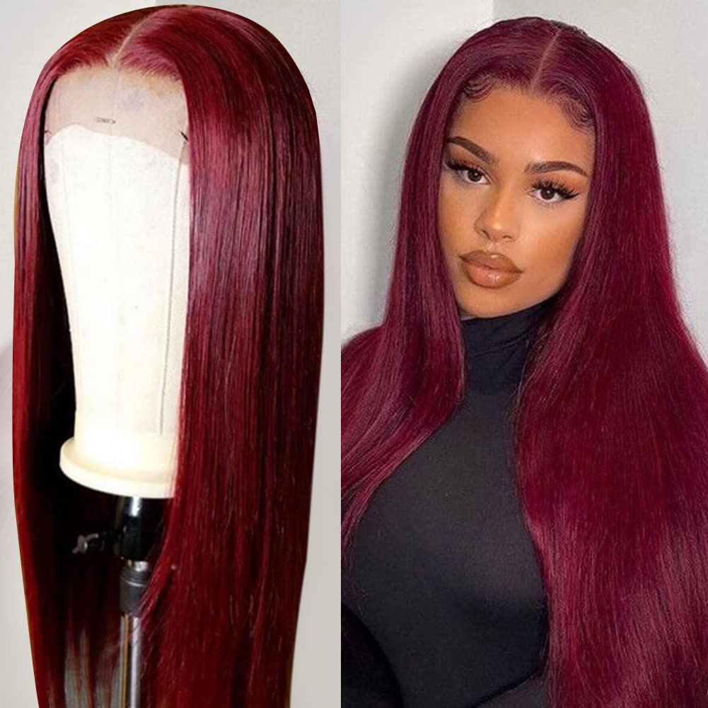 99J Color 4x4 Straight Closure Wigs For Black Women YMSGIRL Burgundy Color Lace Front Closure Human 
