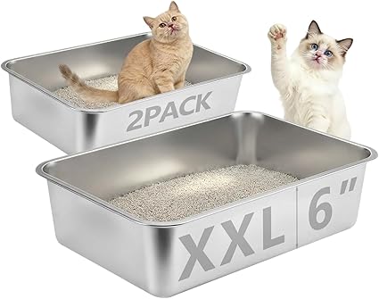 Stainless Steel Litter Box 2 Pack, 23.6"x15.7"x6" Large Metal Cat Litter Box with High Sides, Non-Stick Easy to Clean Surface, Jumbo Size for Big Cats & Multiple Cats