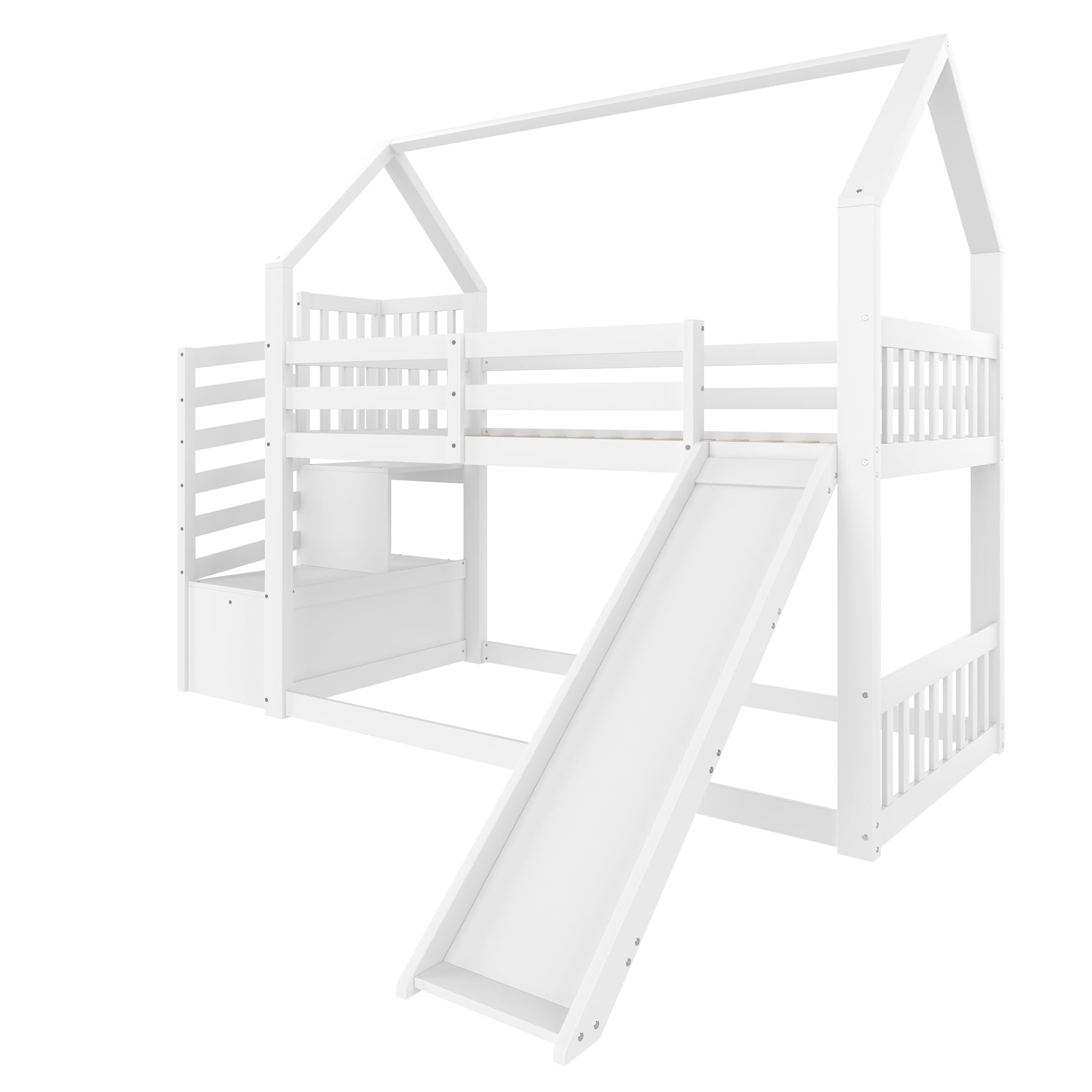 Kinderbett Etagenbett 90x200cm, Hausbett Hochbett mit Treppe und Rutsche, Multifunktionsbett Holzbett Baumhausbett Spielbett Stockbett Bettgestell mit Rausfallschutz & Lattenrost, Ohne Matratze, Weiß