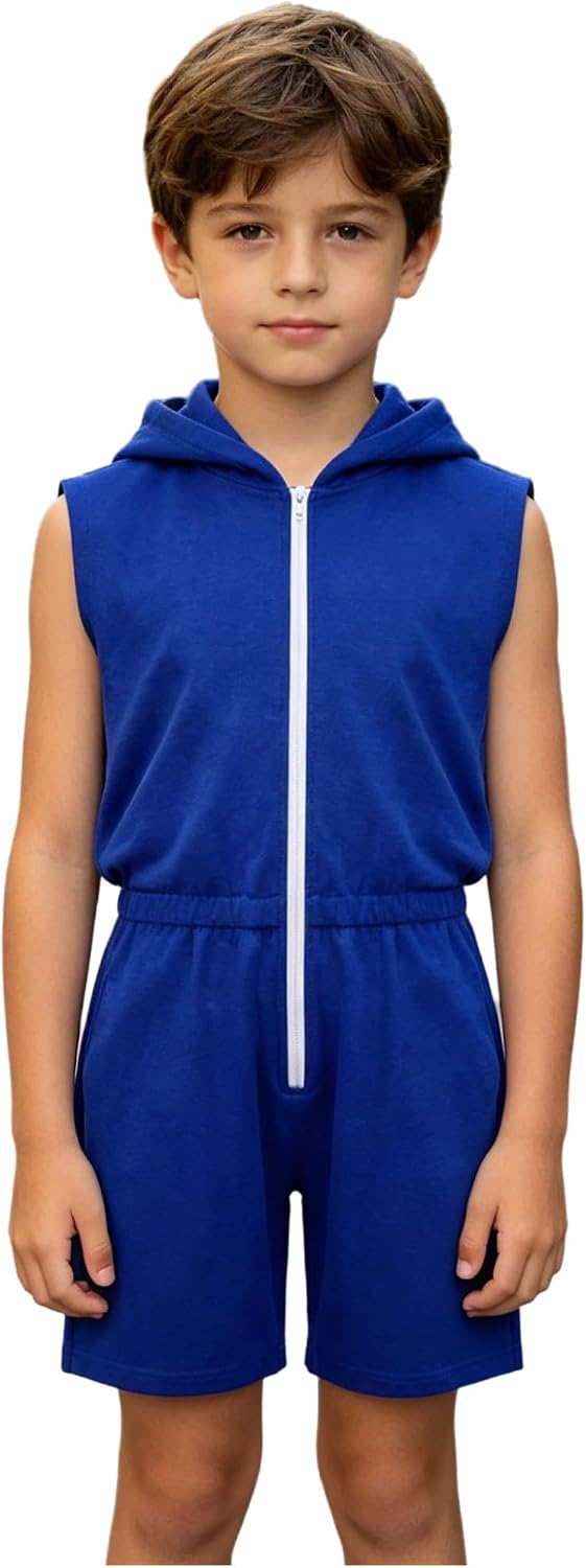 Children's Special Needs Jumpsuit Sleeveless Zipper Hooded Romper for Sports Hiking Workout Autism Sensory Coveralls