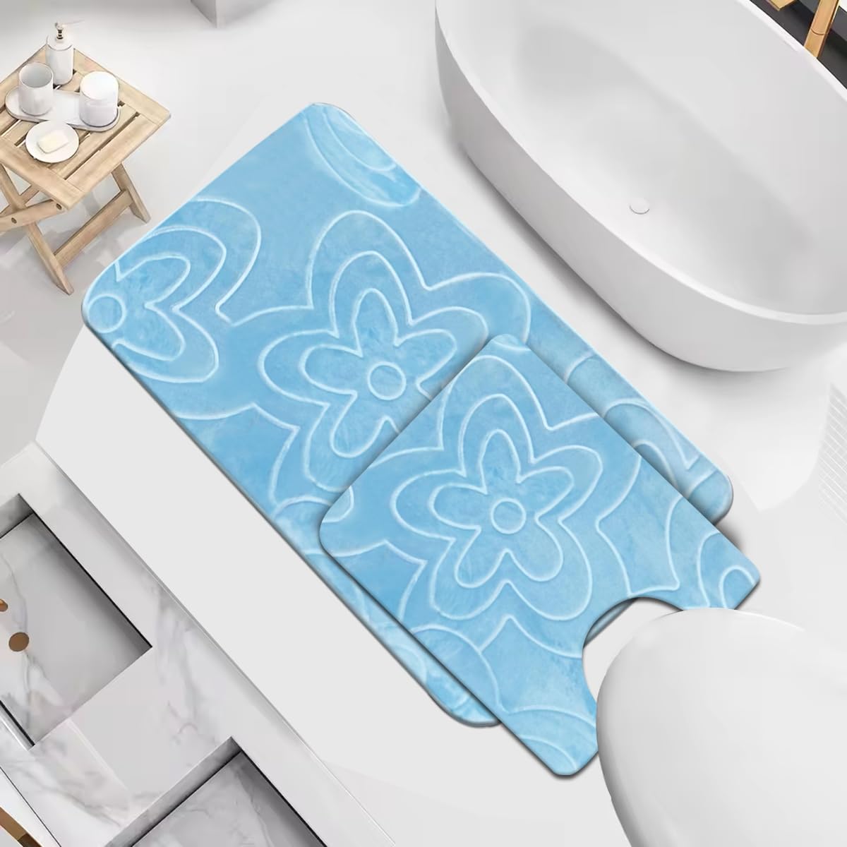 PHP Floral Foam Pedestal Mat - Extra Soft & Cozy Quick Dry Bathroom Toilet Mats - Non Slip Floor Matts (Sky Blue, 50 x 40 cm)