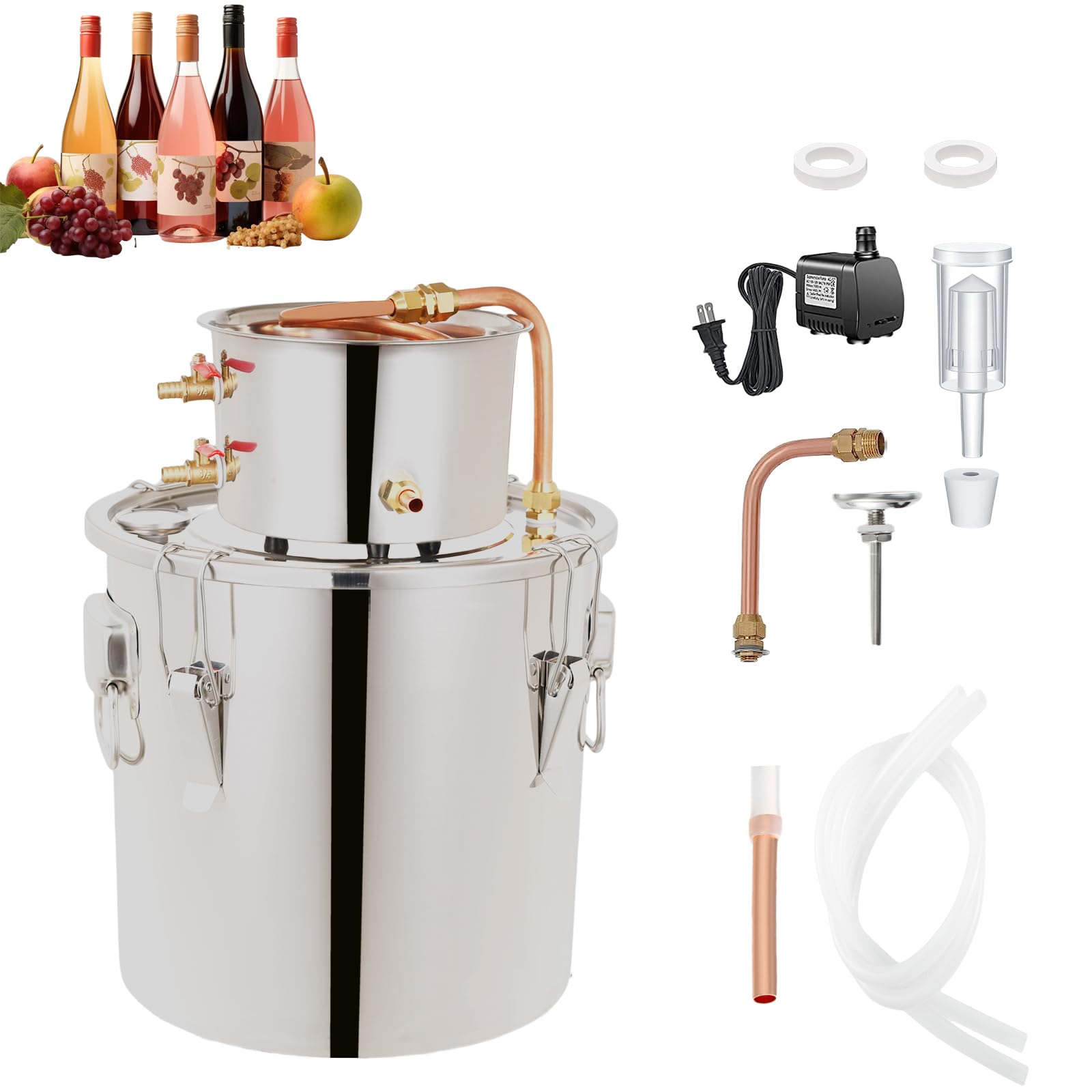 Shine Still 5 GAL 2 Pots Distillery Kit for Alcohol Stainless Steel Copper Tube Complete with Water Pump Metal Thermometer Fermentation Airlock Distilling for Whiskey, Brandy etc.