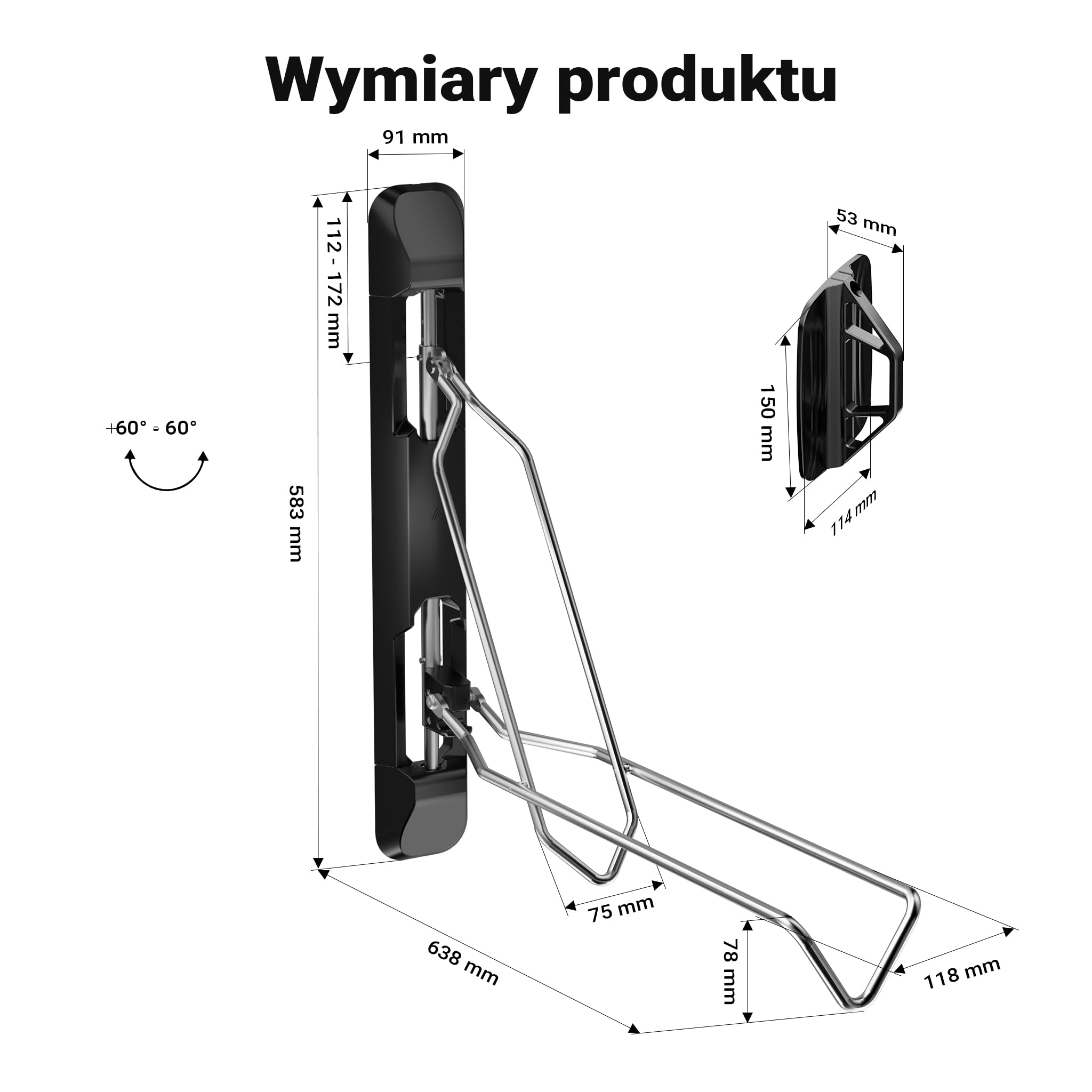 Wiltec Wieszak na rower, obrotowy, o wymiarach 118 x 638 x 583 mm do 35 kg, uniwersalny uchwyt naścienny rowerowy, stojak regulowany