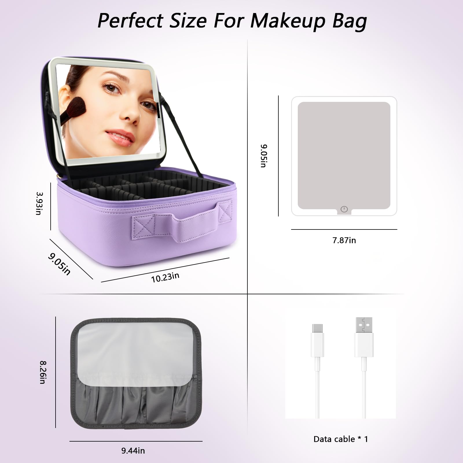 Make-up-Tasche mit LED-Spiegel, Reise-Make-up-Organizer mit 3 beleuchteten Einstellungen, verstellbaren Trennwänden und Make-up-Pinsel-Aufbewahrung, 6-Purple