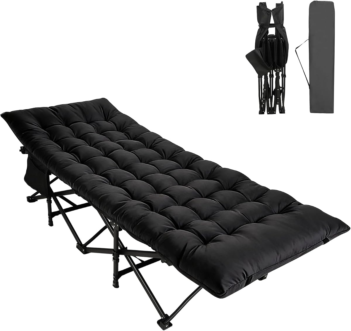 Northroad Camping Cot with Thick Mattress,Quick Set-Up Sleeping Cots with Side Pocket for Outdoor Camping, Office Nap, Home Garden, Beach, Travel, Black