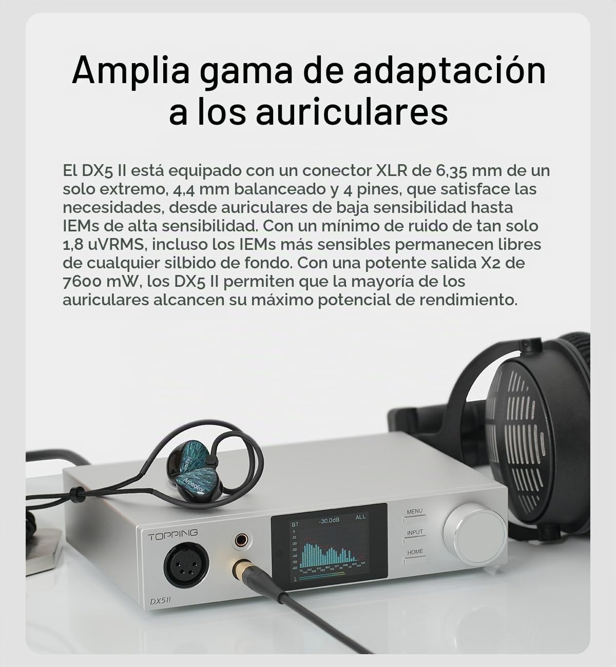 Topping DX5 II DAC Amplificador de Auriculares con Bluetooth 5.1, Chip DAC ES9039Q2M, Amplificación X-Hybrid, Ecualización de 10 Bandas y Salidas Balanceadas, USB XMOS, Alta Resolución, RC, Plata