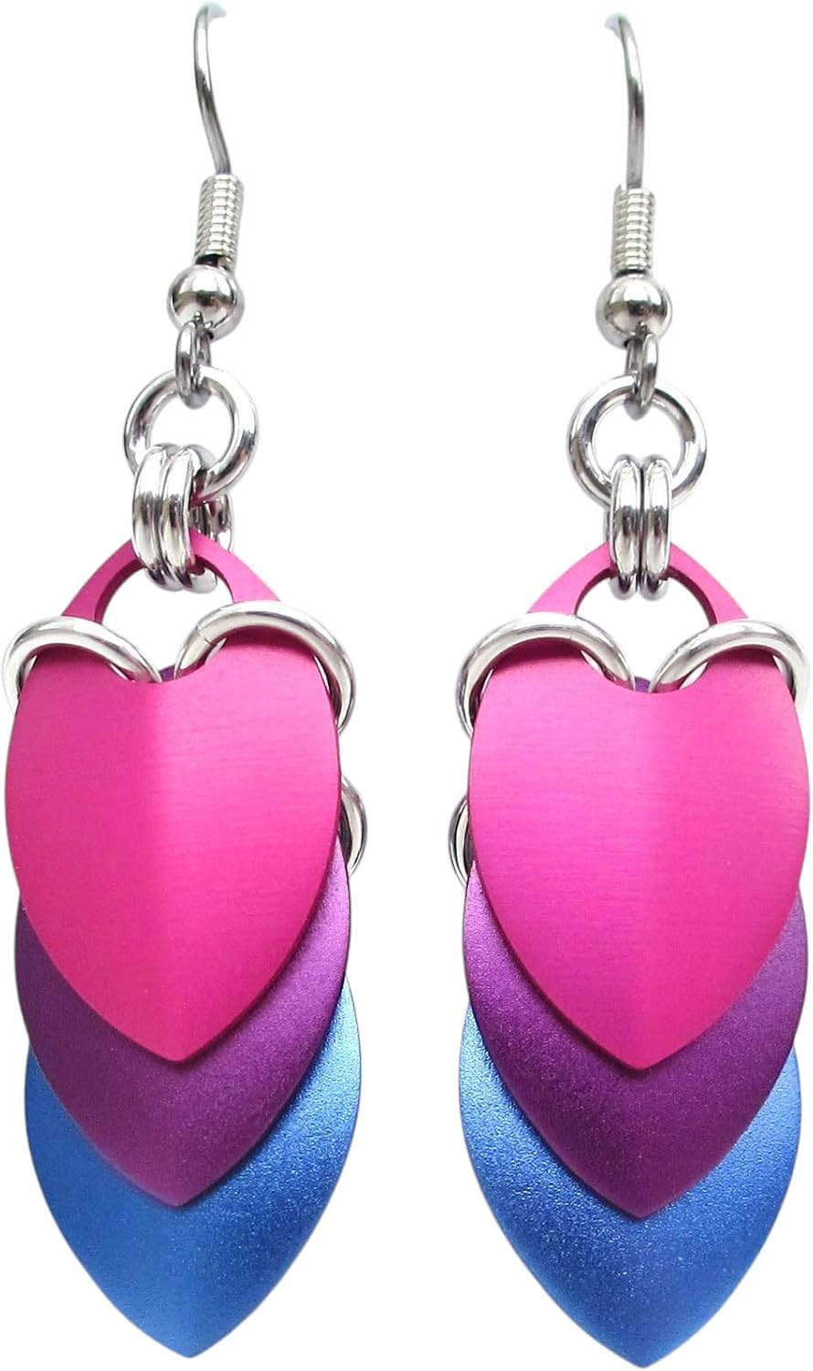 Handmade Bi Pride Earrings – Chainmail Scales LGBTQ+ Jewelry in Bisexual Flag Colors – Choose French Hook or Lever Back