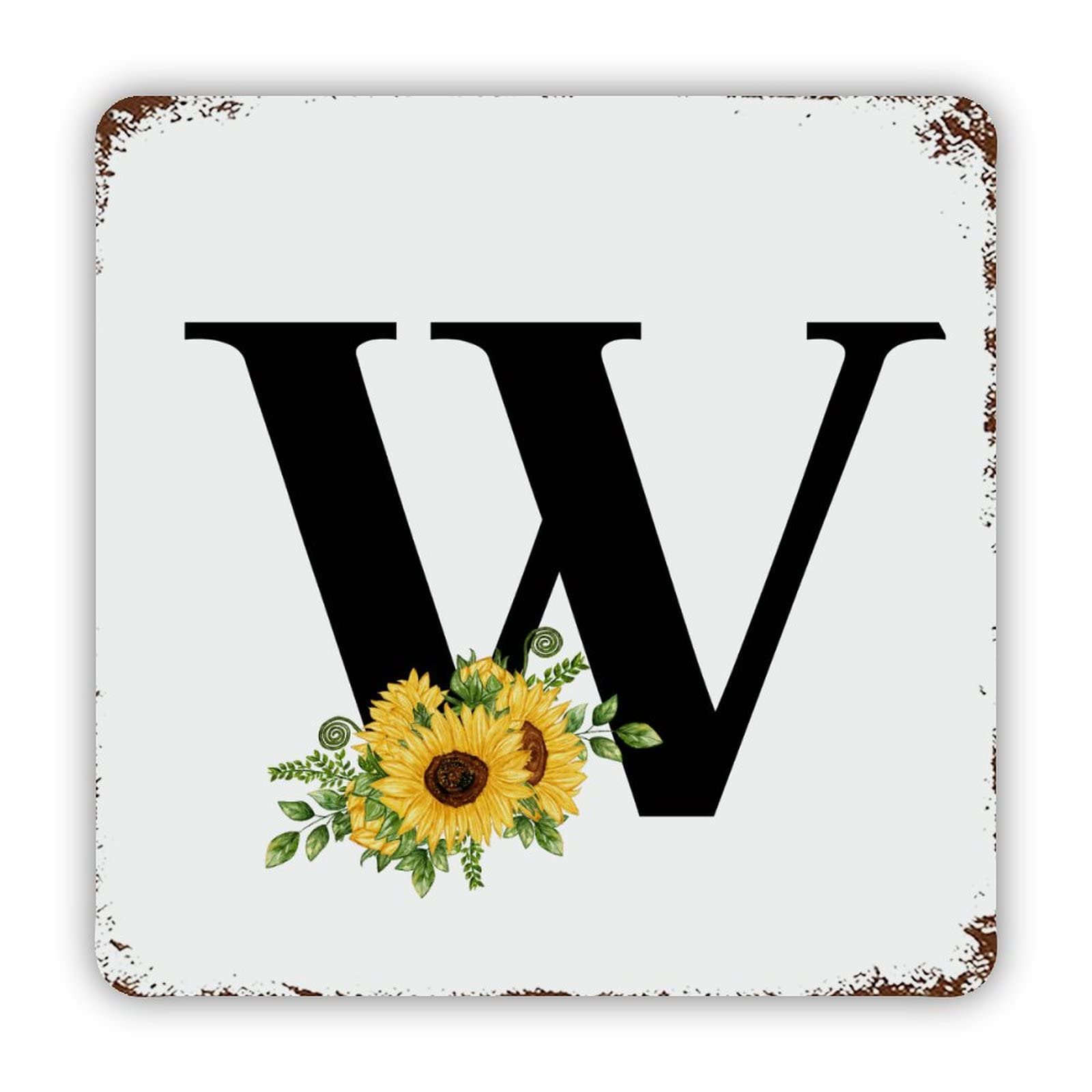 ENEDNATE Sunflower Black Monogram Initial Letter W Vintage Man Cave Metal Sign 12x12 Inch Decorative Aluminum Tin Sign for Indoor Outdoor Kitchen Bar Restaurant Cafe Pub Wall Art Decor Hanging Poster