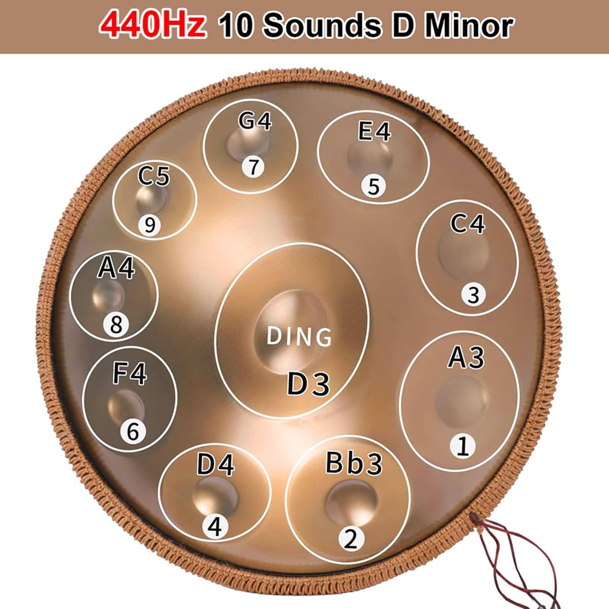 Tamburo in acciaio Handpan 432Hz/440Hz 10 note 22 pollici tamburo in acciaio per handpan in re minore(Nero,440Hz)