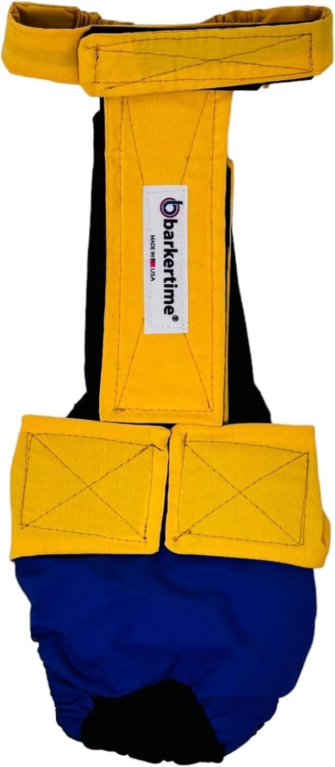 Daffodil Delight on Blue Dog Diaper Overall, XL, with Tail Hole - Made in USA