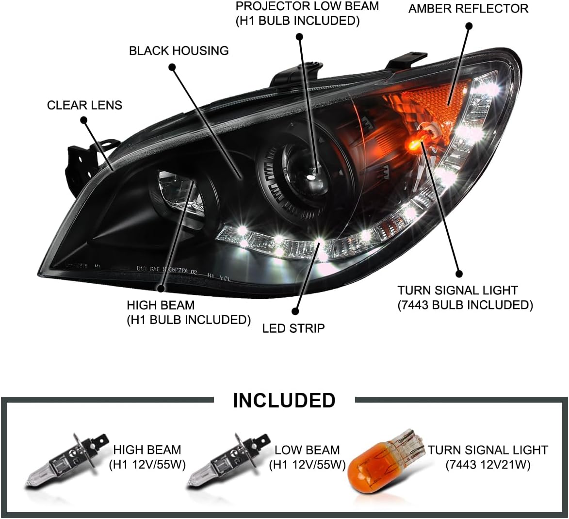 SPEC-D TUNING Black Projector Headlights w/LED Strip Compatible with 2006-2007 Subaru Impreza WRX, Left + Right Pair Headlamps Assembly