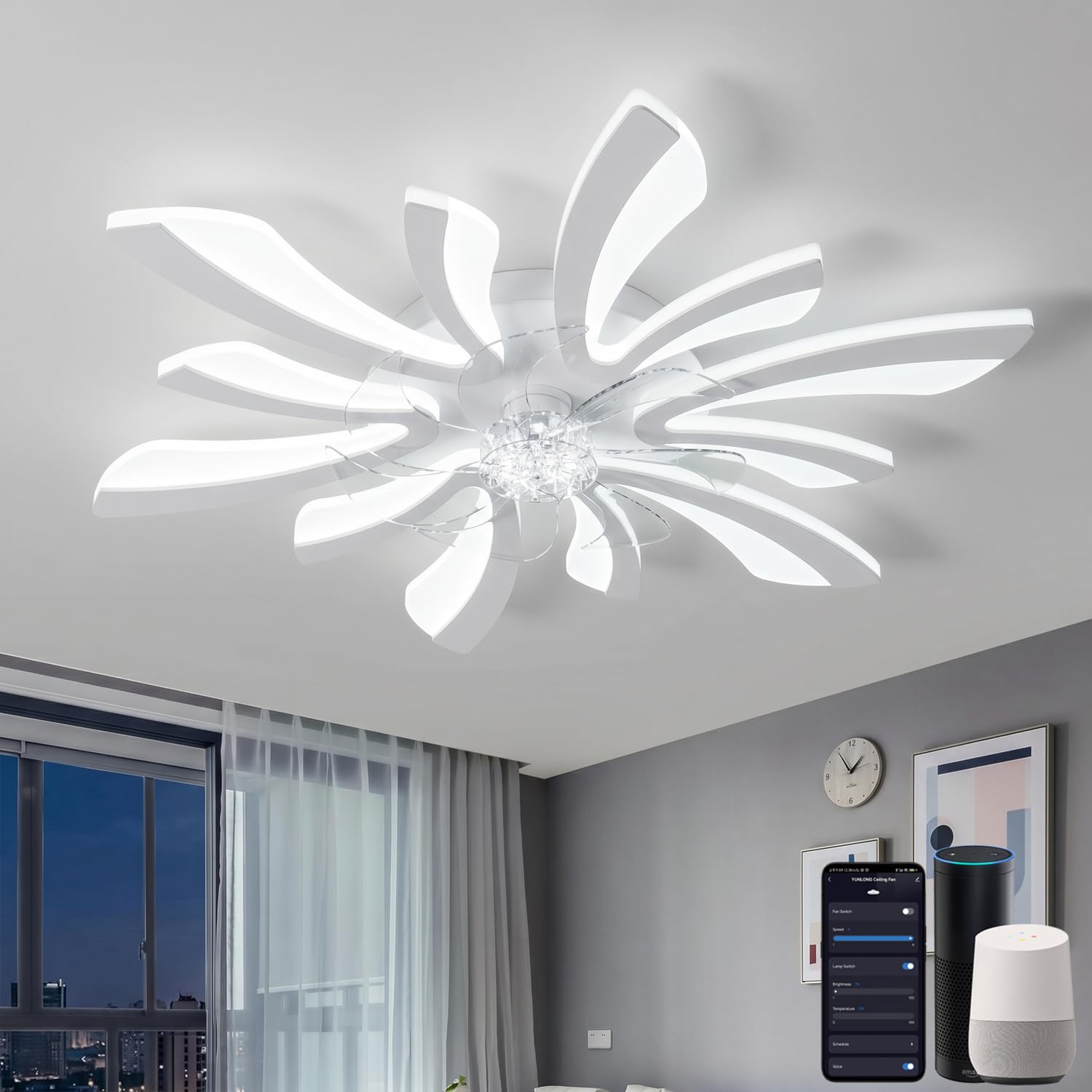 Smart Ceiling Fan with Quiet Light, WiFi Lamp Compatible with Alexa Google Home, Voice/Remote/App Control, for Bedroom, Kitchen, White