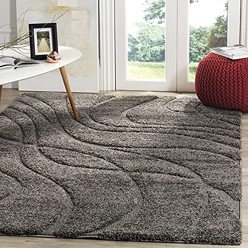 Image of Geometric Wave Square Shaggy Carpet for Living Room, Bedroom, High Low Design Finish Microfiber 1.8 Inch Pile High, 6x6 Feet Grey|Grey Color