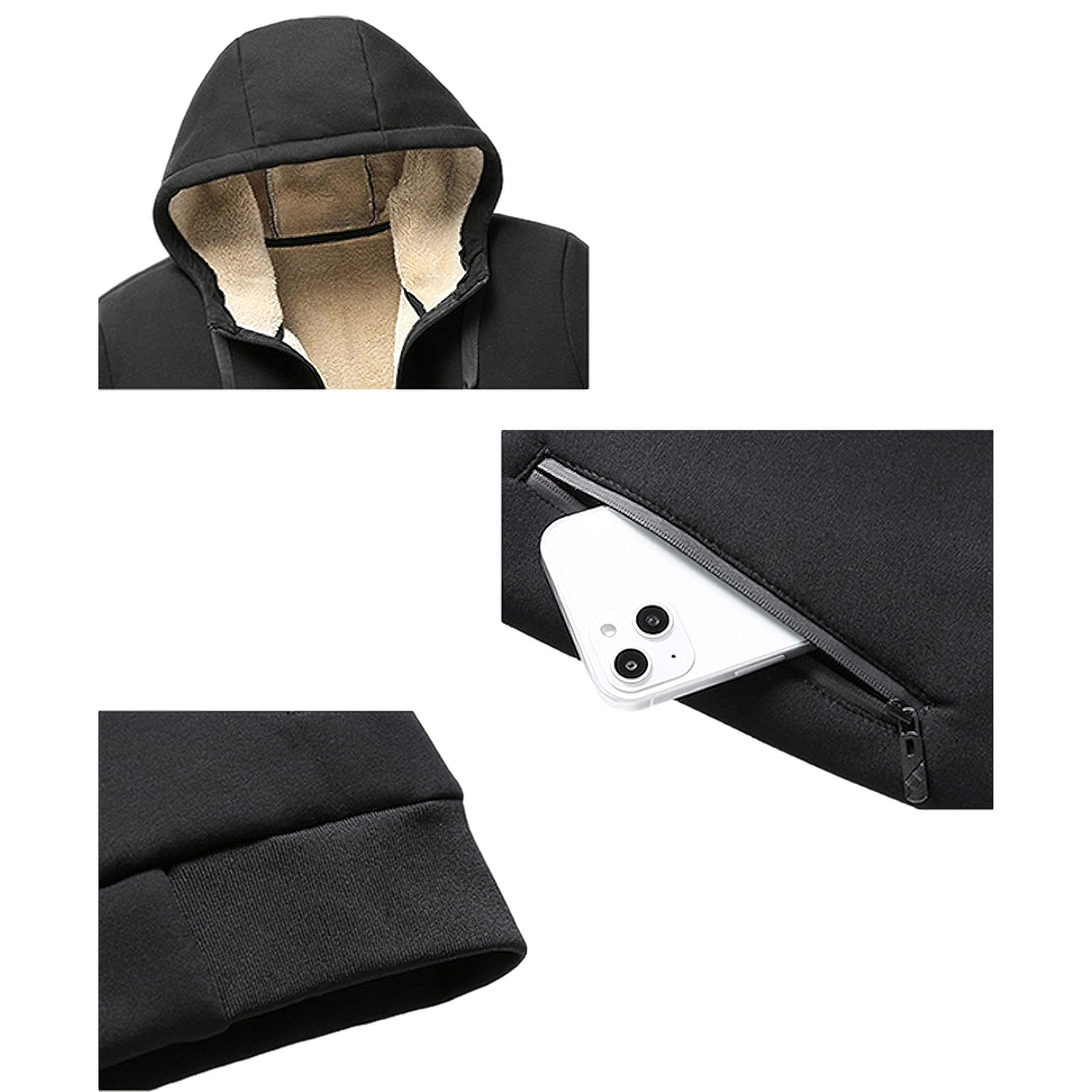 Homme Hiver Ensemble de Survêtement en Coton Doublé de Polaire Veste à Capuche et Pantalon de Jogging avec Poches Zippées