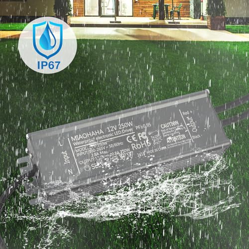 Image of LED Driver 12V 250W, Waterproof IP67 LED Power Supply, AC 110V to DC 12 Volt Low Voltage Transformer with 3-Prong Plug 3.3 Feet Cable for DC Indoor Outdoor LED Light, Computer Project
