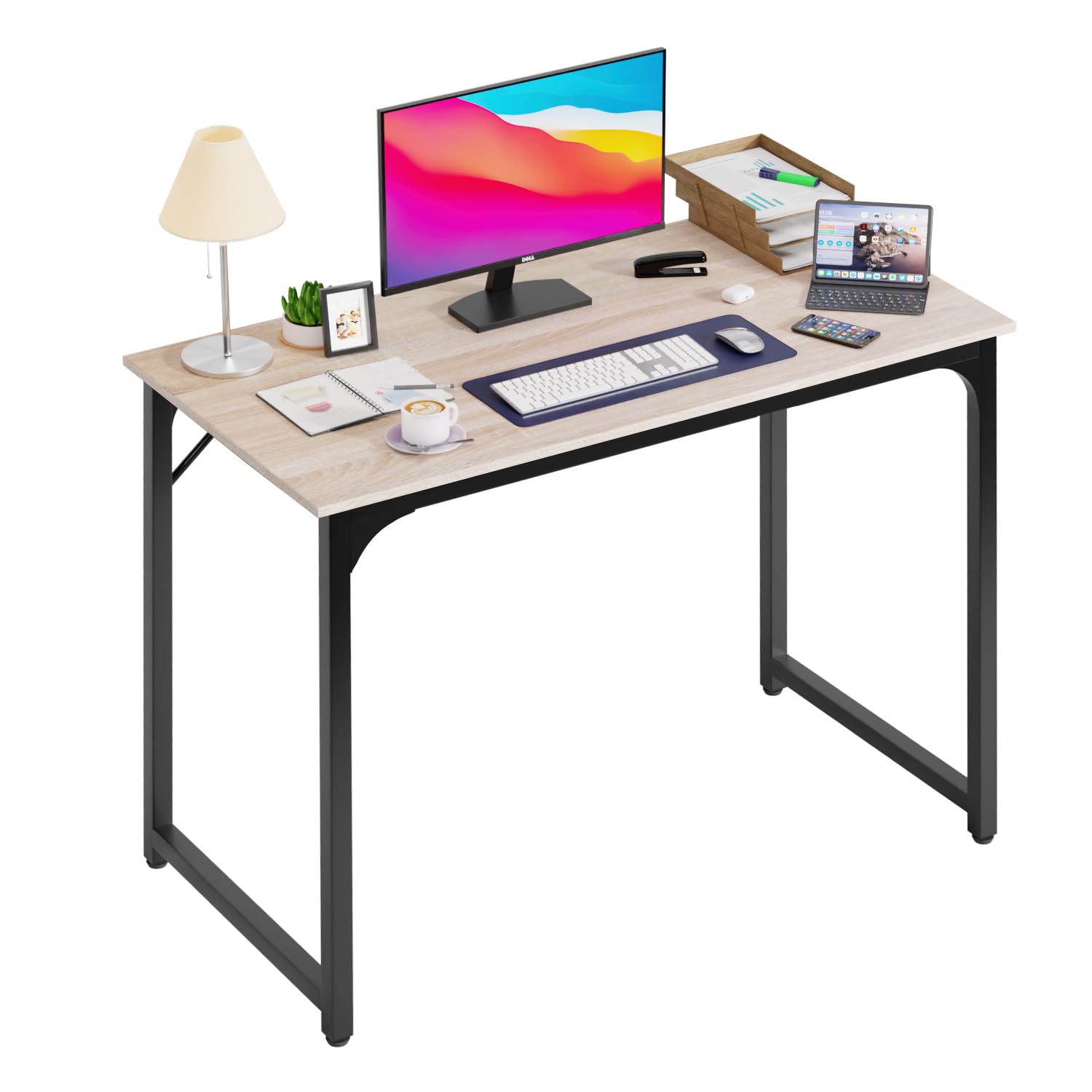 PayLessHere Computer Desk Home Office Desk 100 CM Gaming Desk Multi-Function Writing Table Student Art Modern Simple Style PC Wood Metal Desk Workstation,Nature
