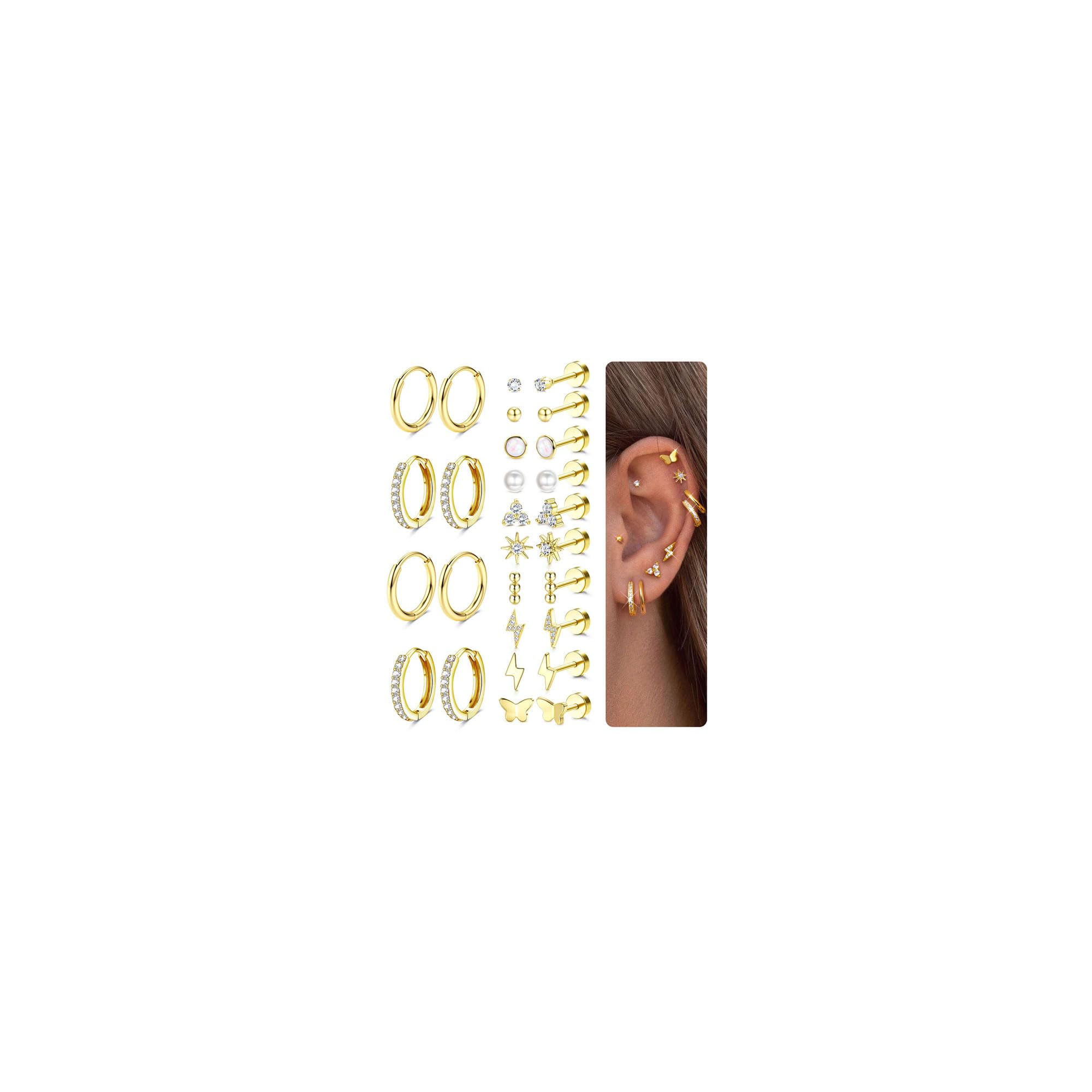 FIASASO Flat Back Gold Earrings for Women Trendy Hypoallergenic Surgical Steel Earrings for Sensitive Ears-20G Cartilage Earring Stacks 14K Gold