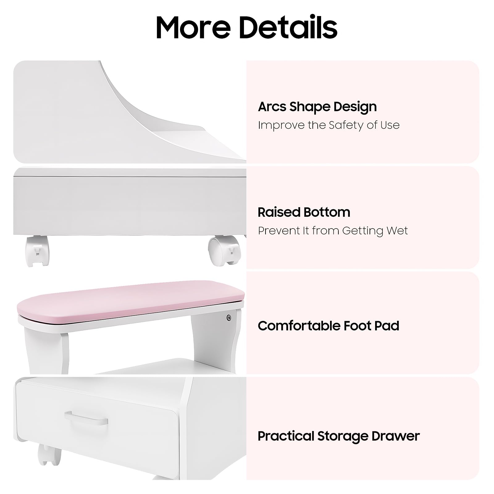 Carrito de Pedicura, Mueble Rodante para Manicura y Cuidado, Taburete de Cuatro Ruedas con Bandeja y Almacenamiento, con Reposapies, Ideal para Salón de Belleza, Spa y Uso Doméstico Profesional