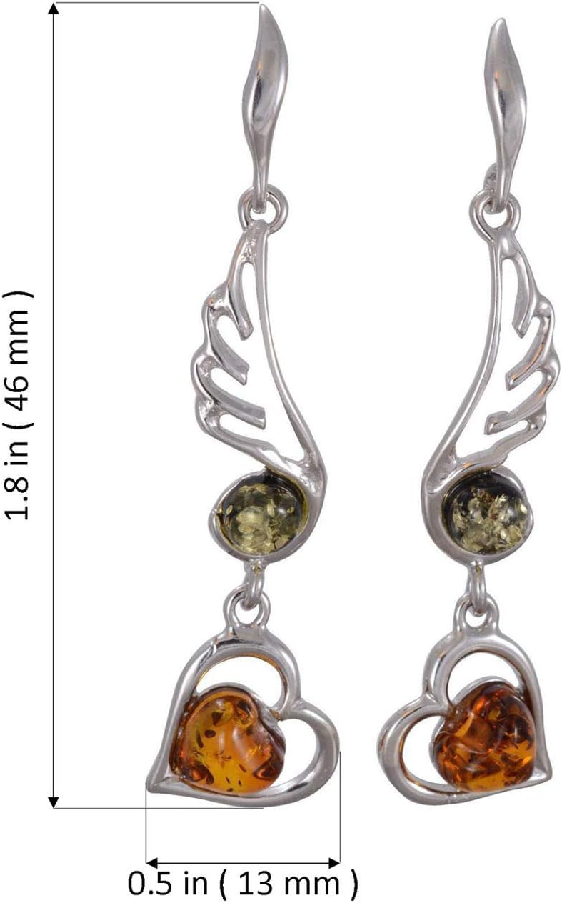 Amber Earrings - Baltic Multicolored Amber Dangling Dangling Earrings "Loving Hearts" - Sterling Silver Jewelry Collection