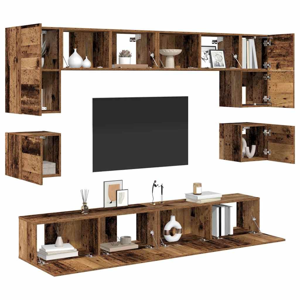 Mueble de TV montado en la pared de 8 piezas de madera con estantes y puertas, diseño moderno para sala de estar, ahorro de espacio, puertas con bisagras robustas, fácil montaje en pareja
