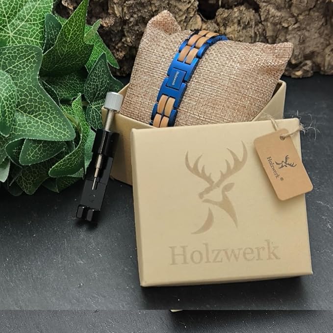 Holzwerk OBERSEE Natur Holz Armband für Damen und Herren Holzarmband Herrenarmband Damenarmband Braun Blau Einstellbar inkl. Armbandkürzer und Aufbewahrungsbox
