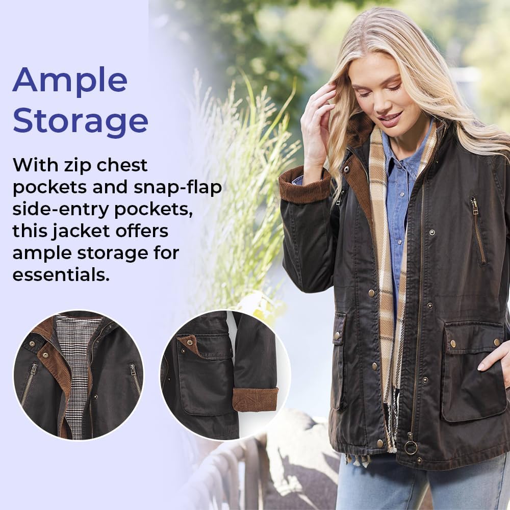 SAGEFINDS Portland Barn Jacket w/Corduroy Accents, Hidden Front Zipper w/Snap Closure, Hideaway Hood, Drawstring, Pockets - Image 4