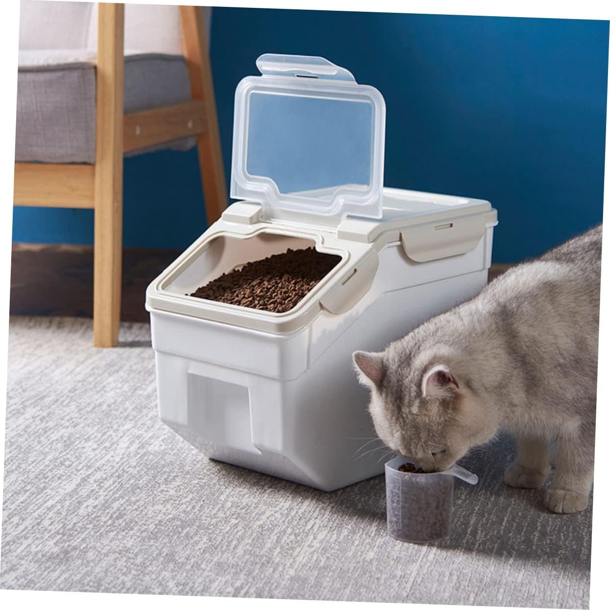 Pet Food Container with Measuring Cup Moistureproof Storage for Dog Cat Food for Indoor Outdoor Use Thickened Design Beige for Travel Litter