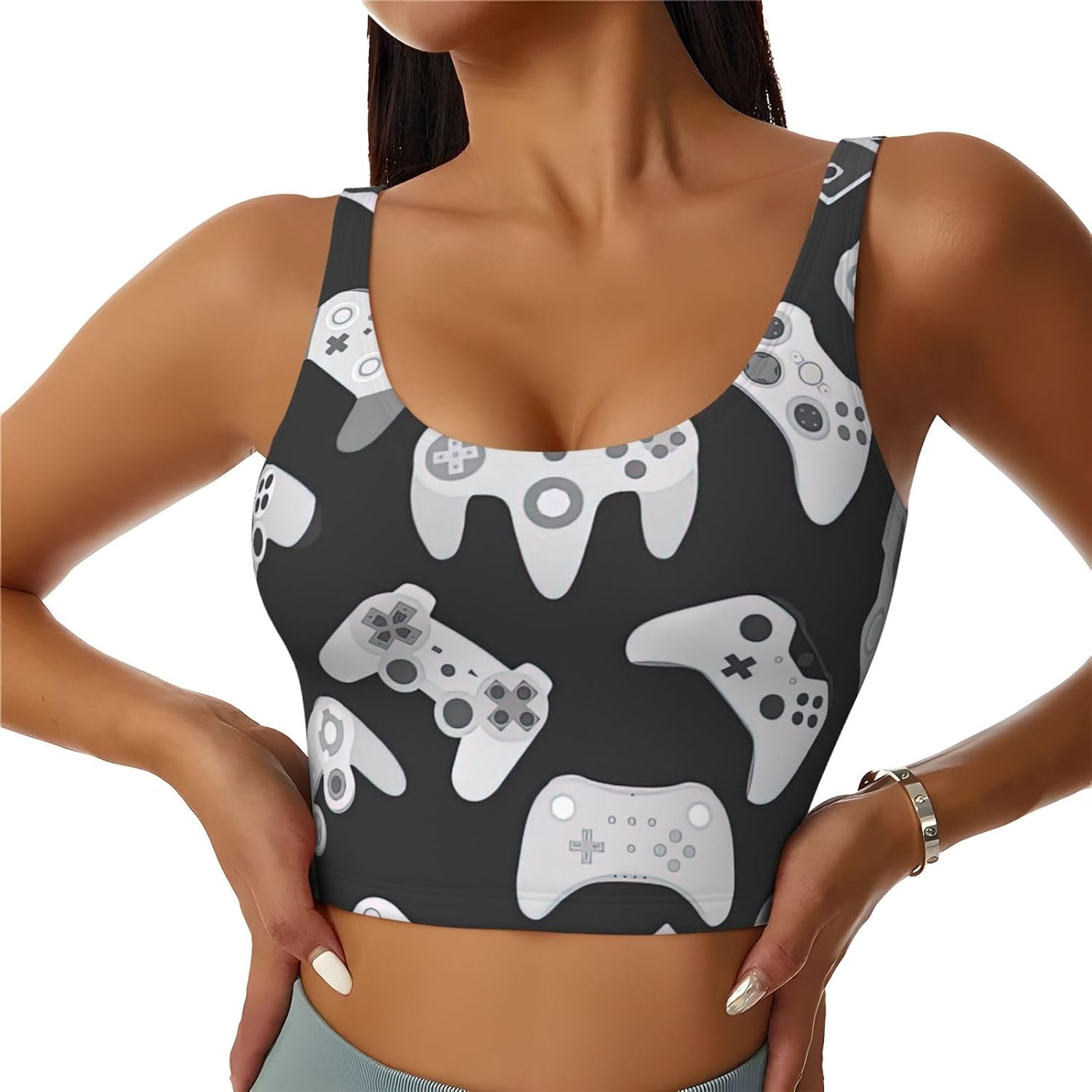 Game Controller Print Women's Strappy Sports Bra, Stretch Gym Bras U Neck Yoga Tops, Comfort Seamless Bra