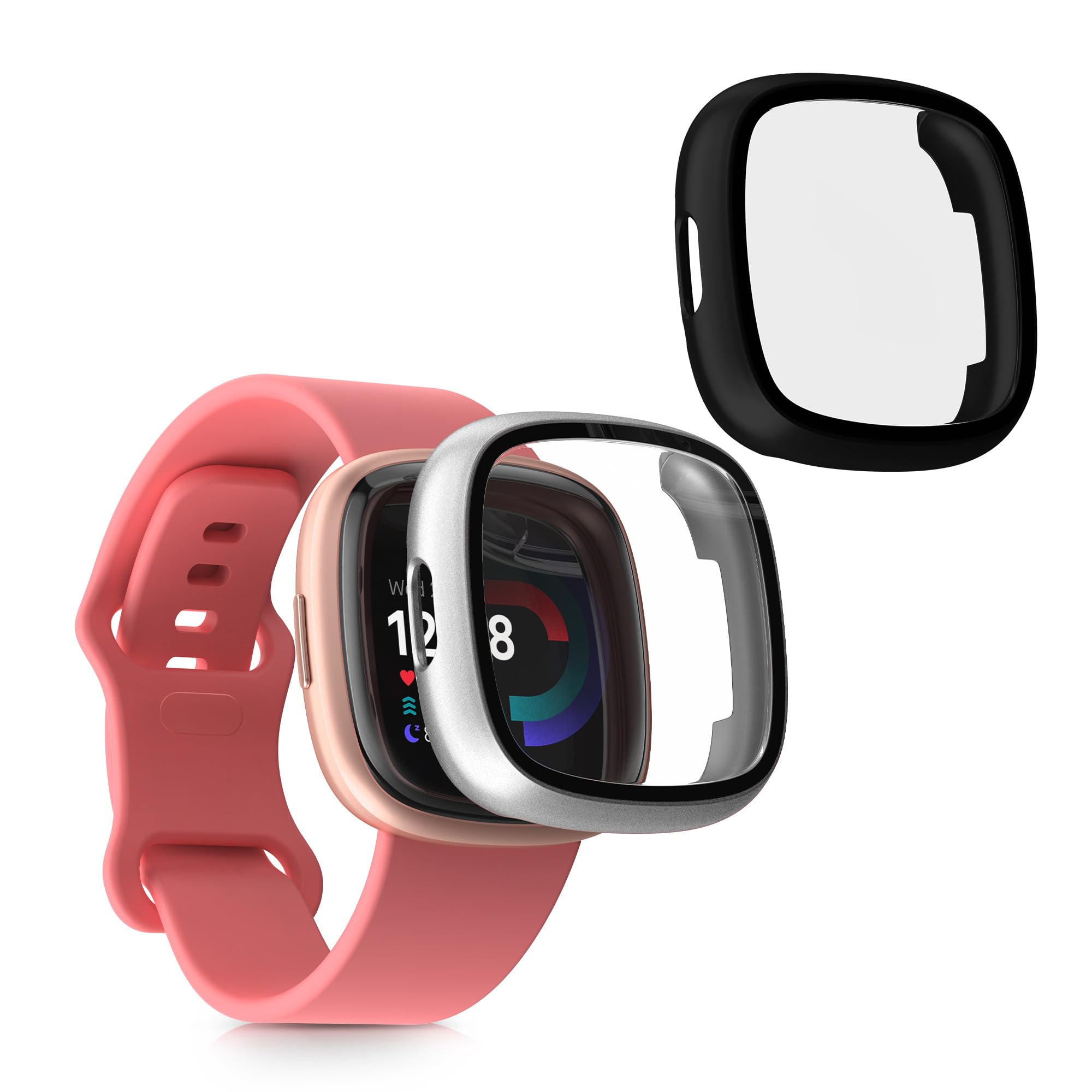 kwmobile 2 Cover with Screen Protector for Fitbit Versa 4 / Sense 2 Case - Tempered Glass with Plastic Frame Covers - Black/Silver