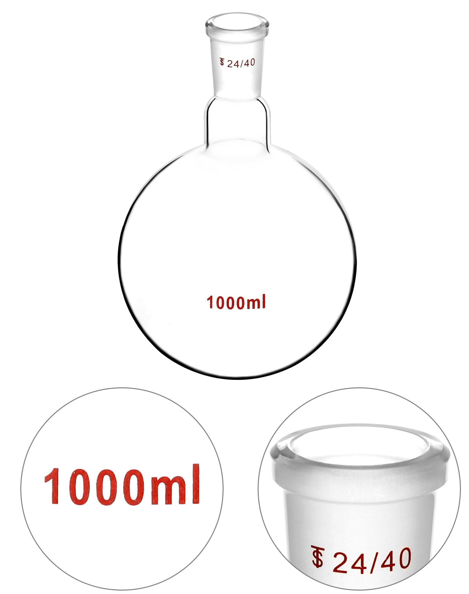 QWORK Fiaschetta in vetro borosilicato da 1000 ml con giunto esterno conico standard 24/40, fondo rotondo a collo singolo, confezione da 2