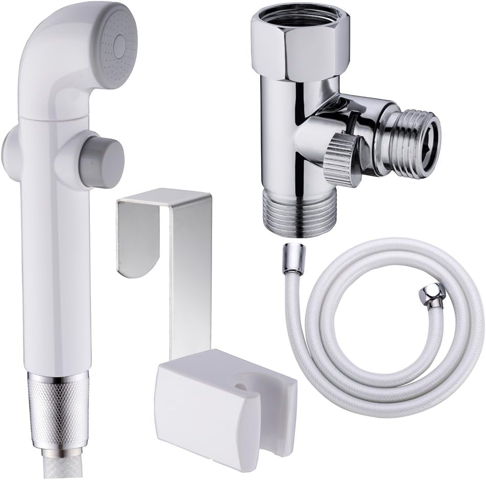 SonTiy Hand Held Bidet Sprayer for Toilet, Baby Cloth Diaper Bidet Jet Spray, Shattaf Bathroom White+Chrome Toilet Bidet Attachment|No Leaking|Resist High Pressure|Brass T valve