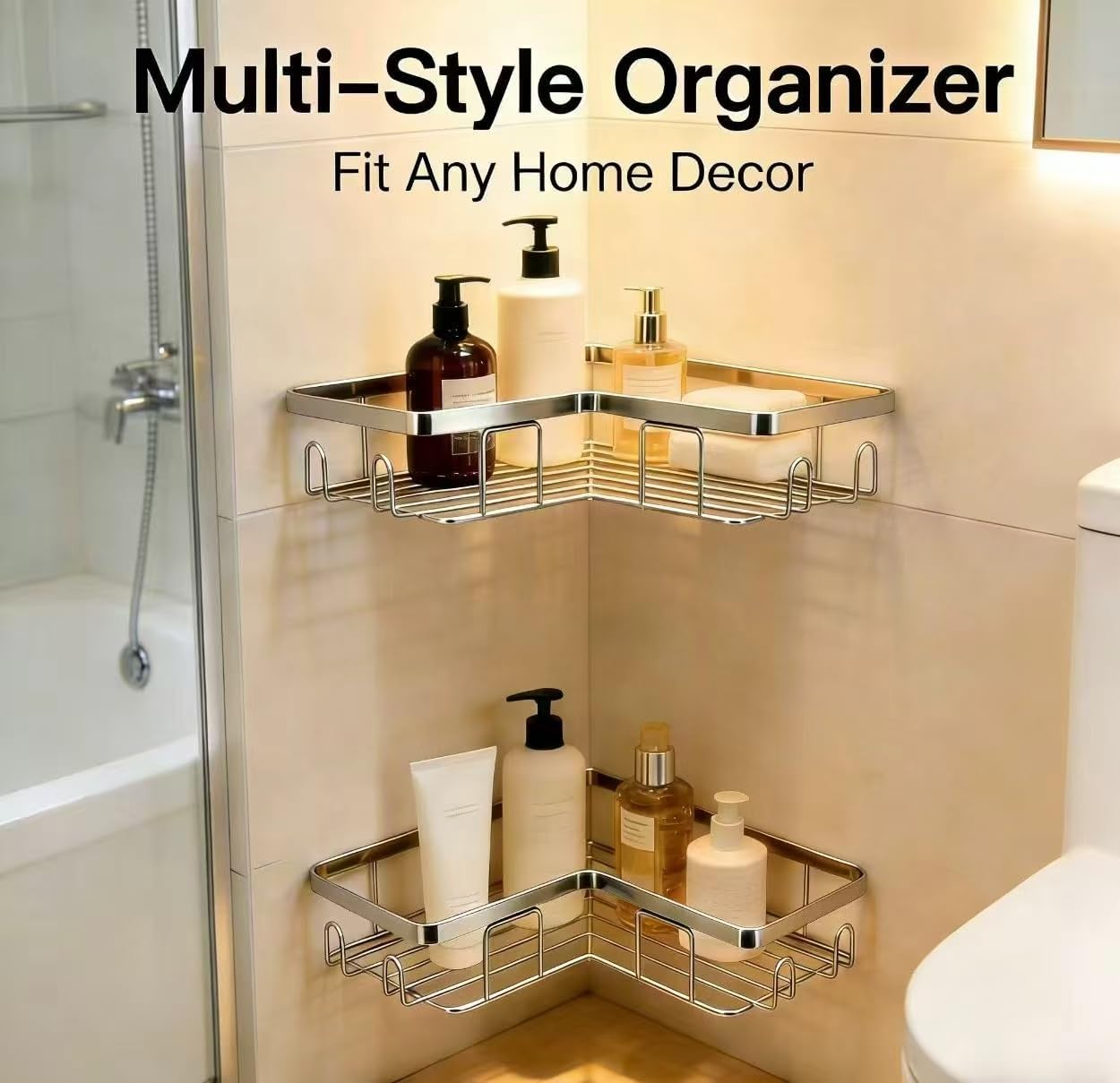 Shower Caddy 2 Pack, Stainless Steel No Drilling Adhesive Bathroom Organizer Shelf Rack, Corner Shower Shelf with Hooks for Home Decor & Storage image 3