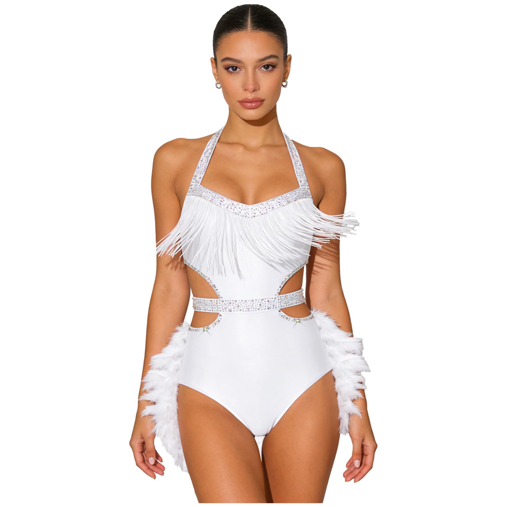 Oyolan Femme Justaucorps Danse Moderne Jazz Latine Salsa Samba Rumba avec Strass Plumes Tenue Danseuse