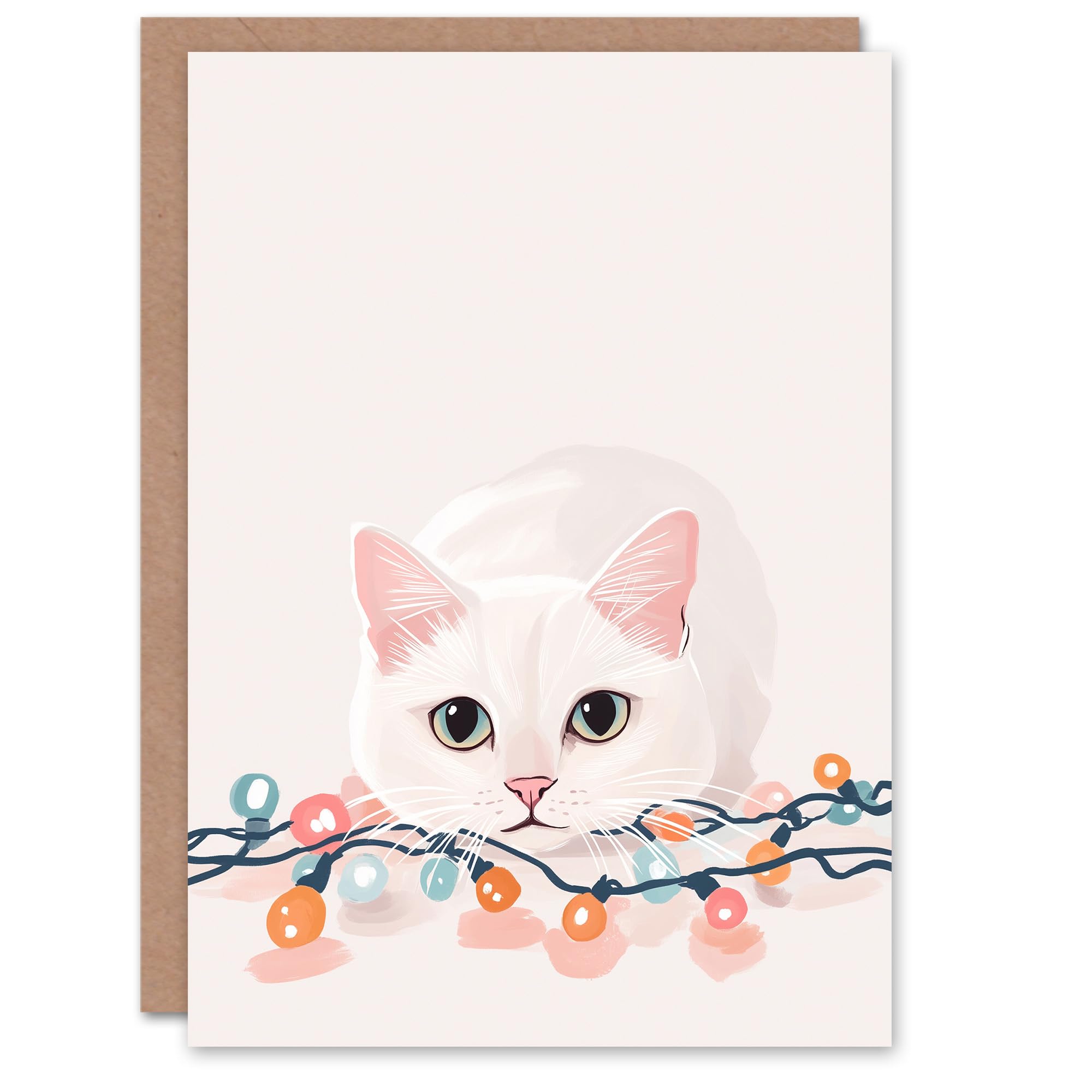 Wee Blue Coo Greeting Card Playful Kitten with Fairy String Lights Cat Lover Blank For Him Or Her Art Xmas Christmas Card